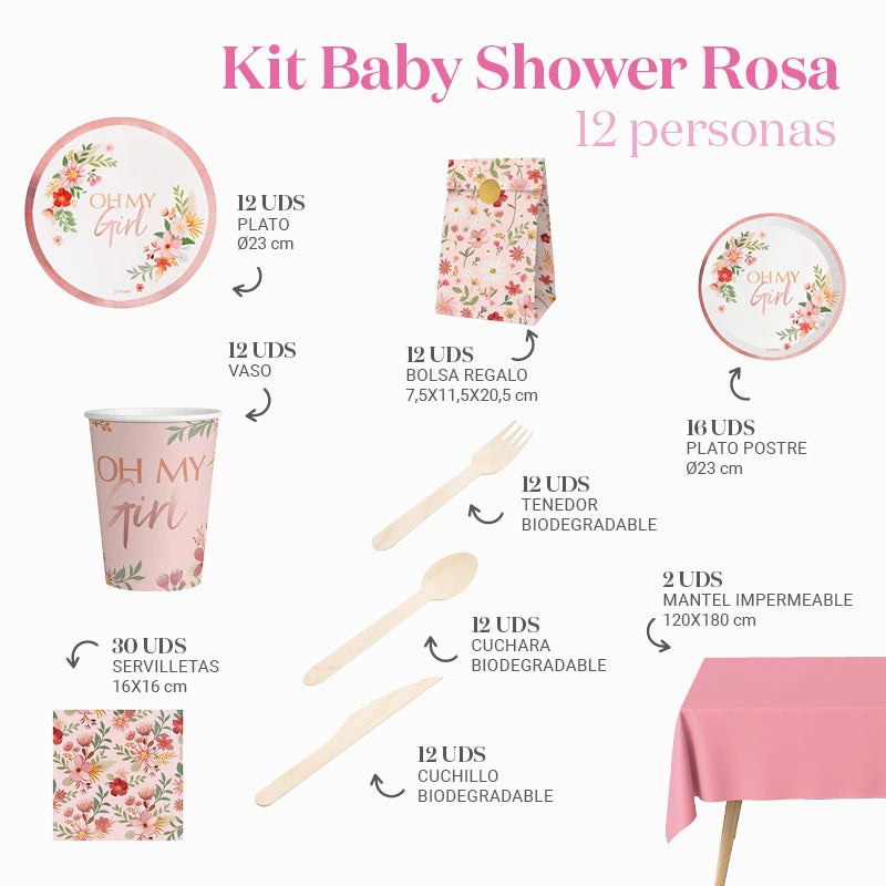 Kit de table premium 12 personnes rose de douche de bébé