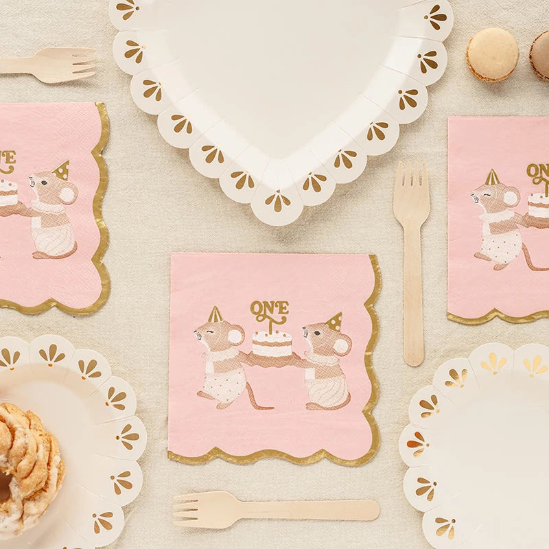 Double Layer Paper Napkins 33 x 33 cm First Birthday Pink