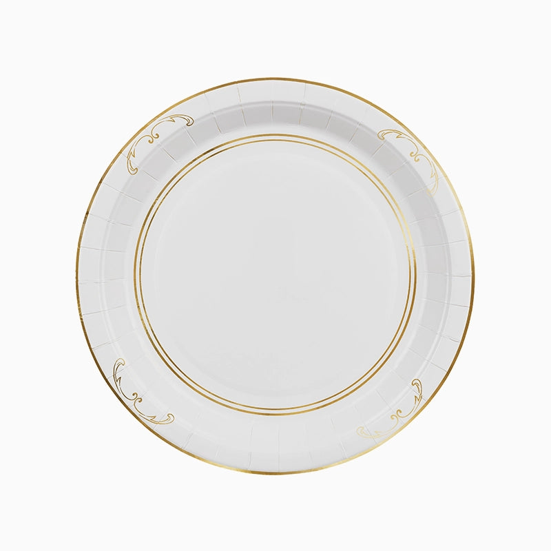 Plato Cartón Llano Ø 23 cm Blanco con Detalles Dorados
