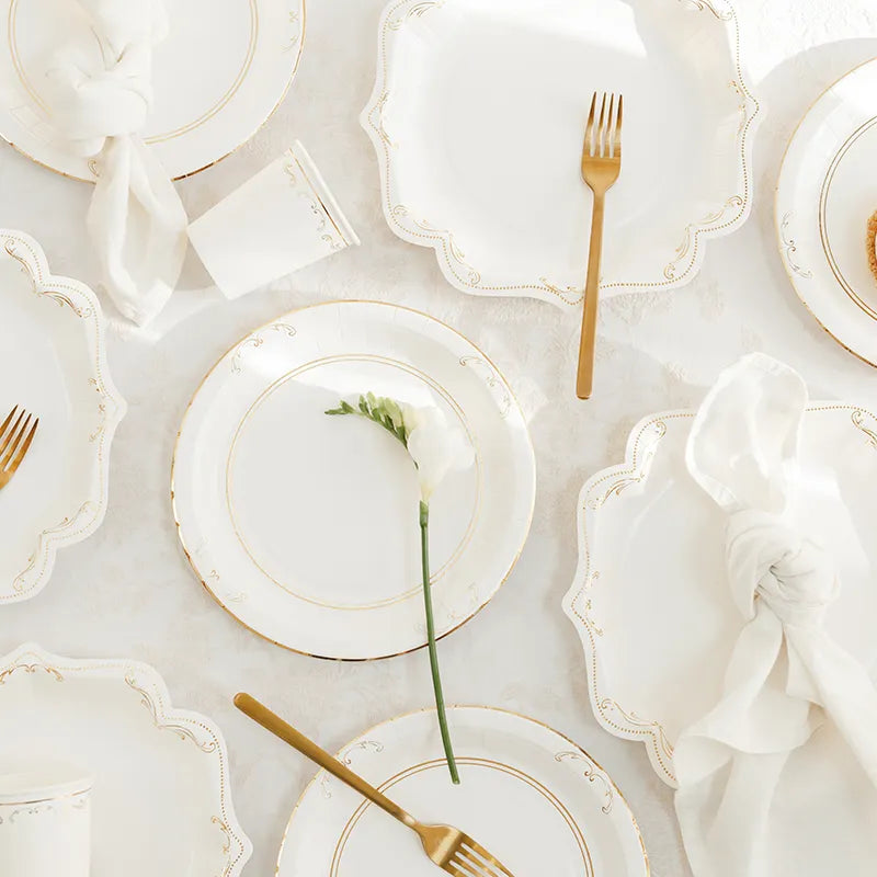 Plato Cartón Llano Ø 23 cm Blanco con Detalles Dorados