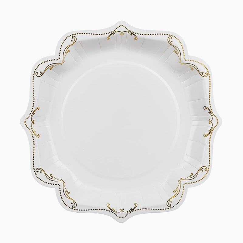 Plato Cartón Llano 26 cm Blanco con Detalles Dorados