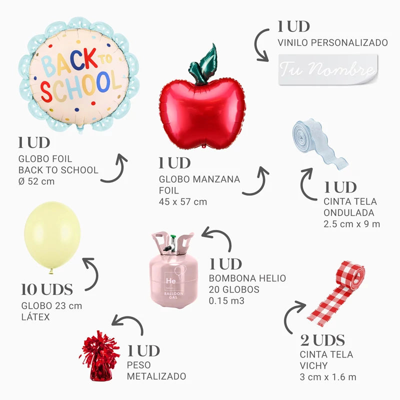 Set di palloncini "Ritorno a scuola" con nome personalizzato e classe in vinile bianco