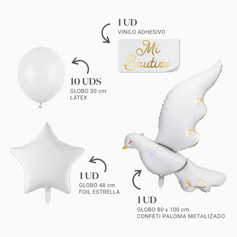 Globo Foil Estrella Blanco + Globo Foil Paloma 'Mi Bautizo' Vinilo Oro