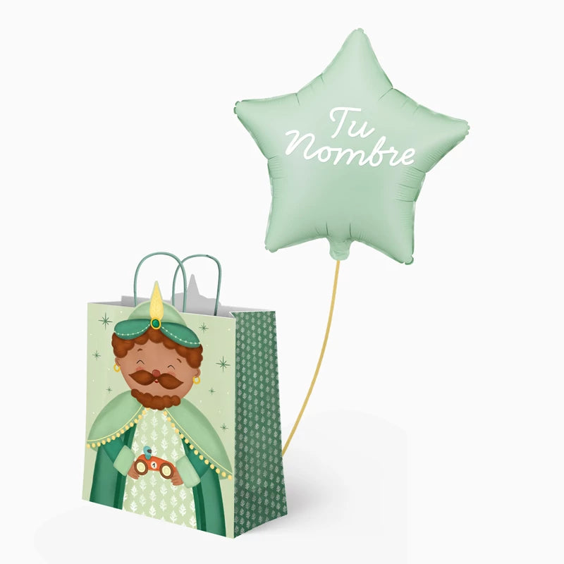 Bolsa Regalo Grande Baltasar y Estrella Verde Pastel Personalizado Vinilo Blanco