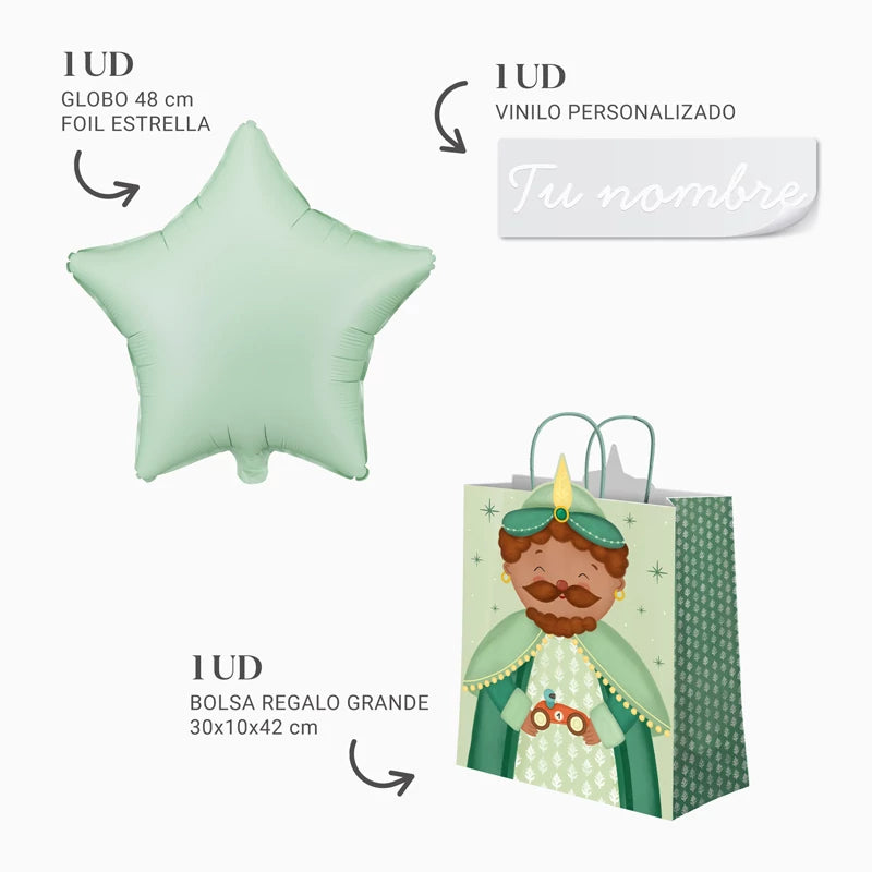 Bolsa Regalo Grande Baltasar y Estrella Verde Pastel Personalizado Vinilo Blanco