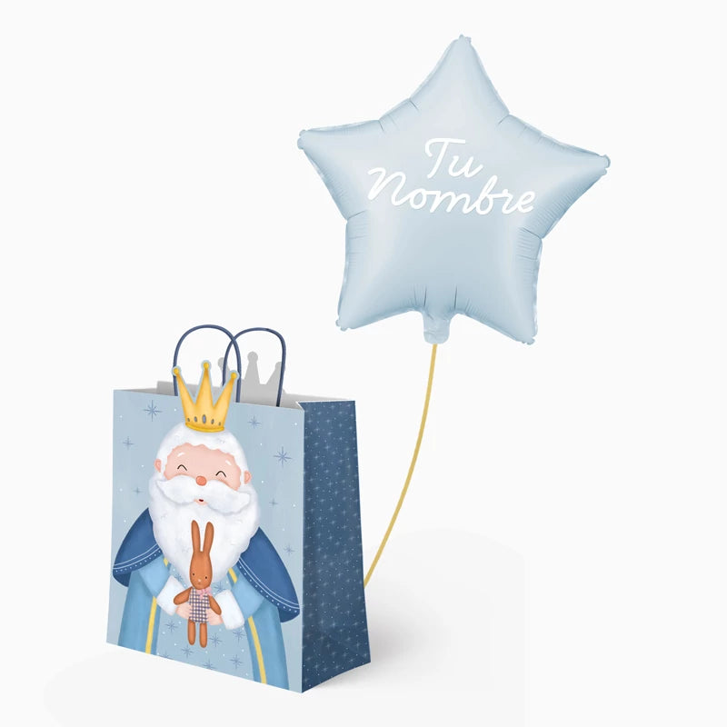 Borsa regalo grande Melchiorre e stella blu pastello in vinile bianco personalizzato