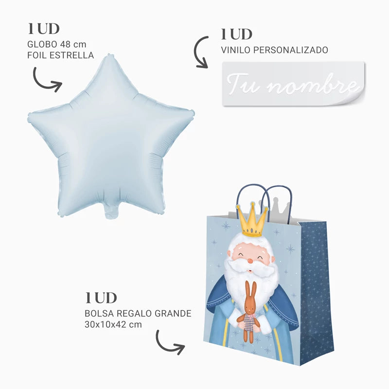 Borsa regalo grande Melchiorre e stella blu pastello in vinile bianco personalizzato