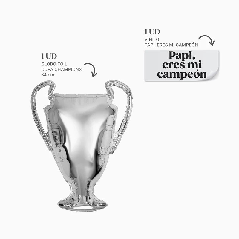 Globo Foil XL Copa Champions Personalizada "Papi eres mi campeón" Vinilo Negro