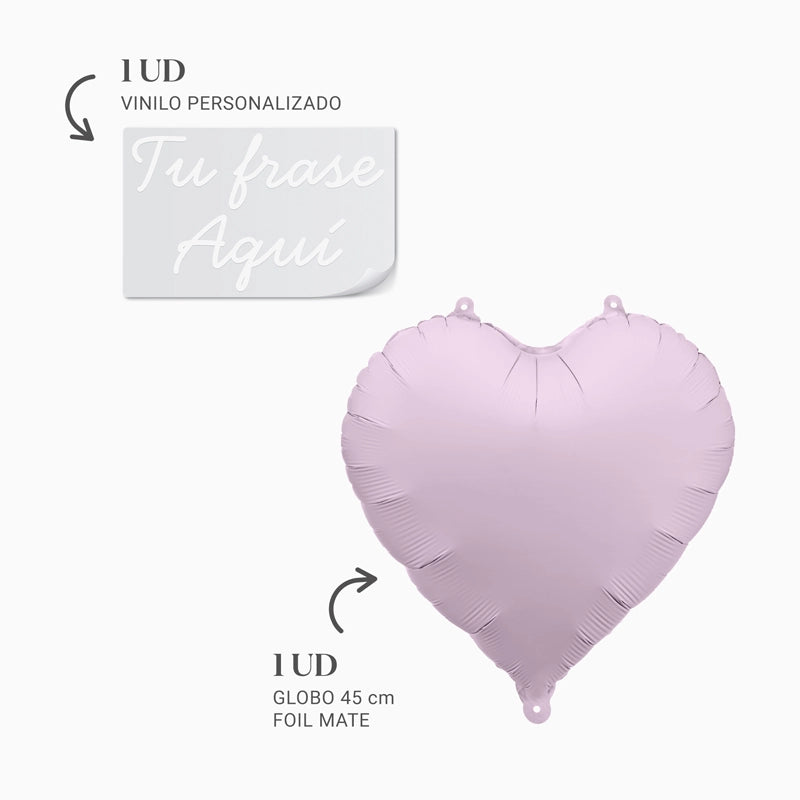 Globo Foil Mate 45 cm Corazón Lavanda Personalizado Frase Vinilo Blanco