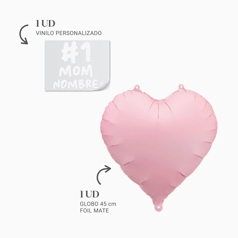 Globo Corazón Rosa Pastel '#1 Mom Nombre' Personalizado