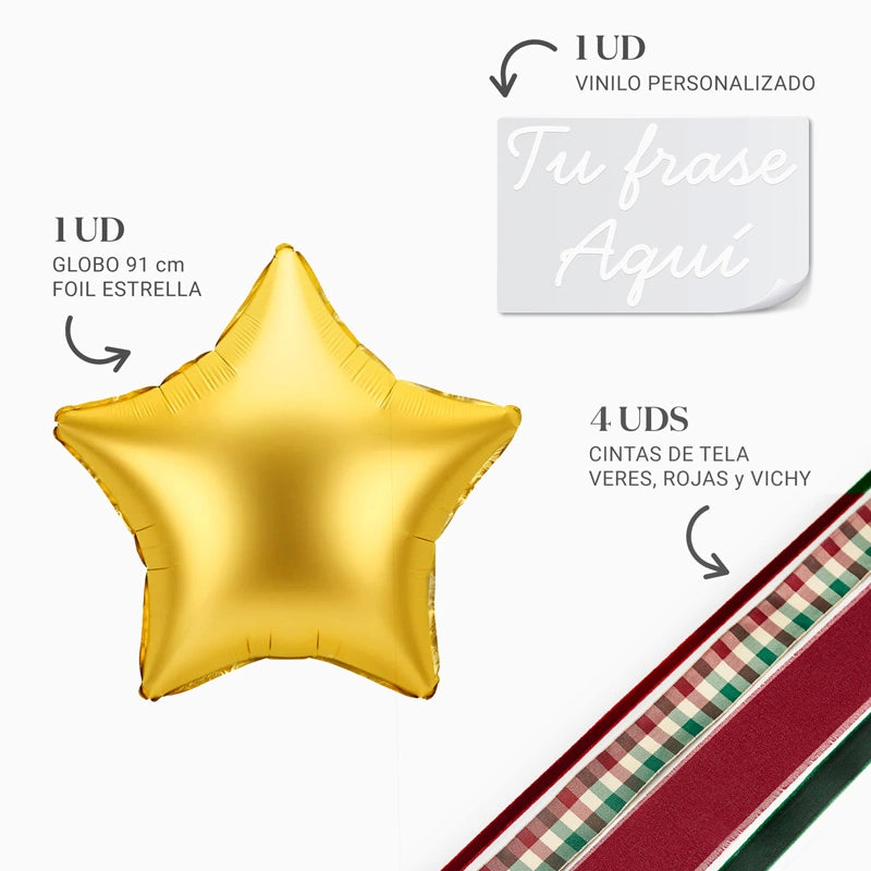 Globo Estrella Oro XL con Telas Personalizado Vinilo Blanco