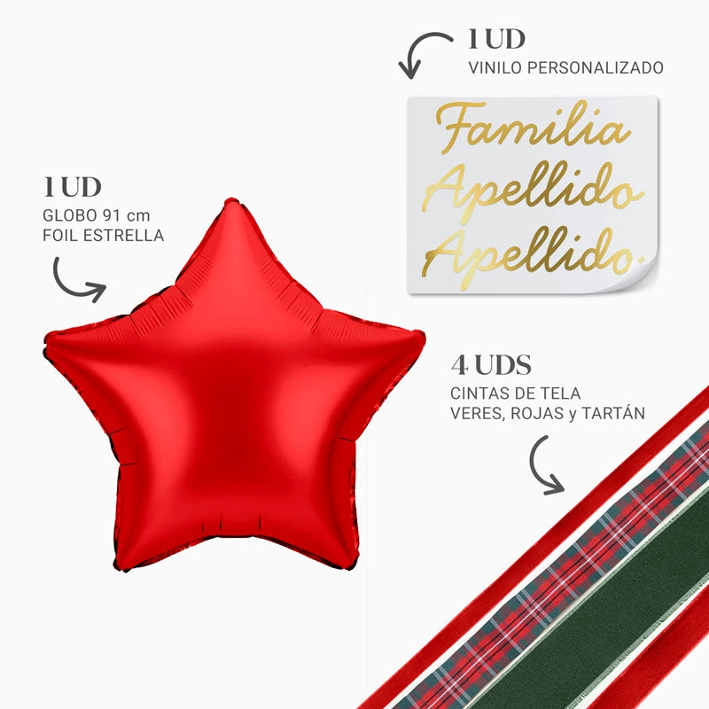 Globo Estrella Rojo XL con Telas Familia X Dos Apellidos Vinilo Oro
