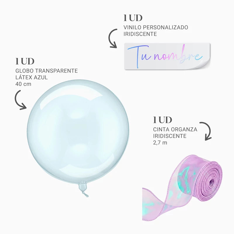 Globo Burbuja Azul Ø 40 cm Personalizado Nombre Vinilo Iridiscente