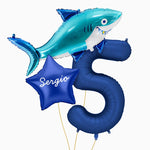 Set Globos Foil Tiburón Personalizado Nombre Vinilo Blanco