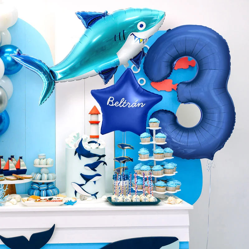 Set Globos Foil Tiburón Personalizado Nombre Vinilo Blanco
