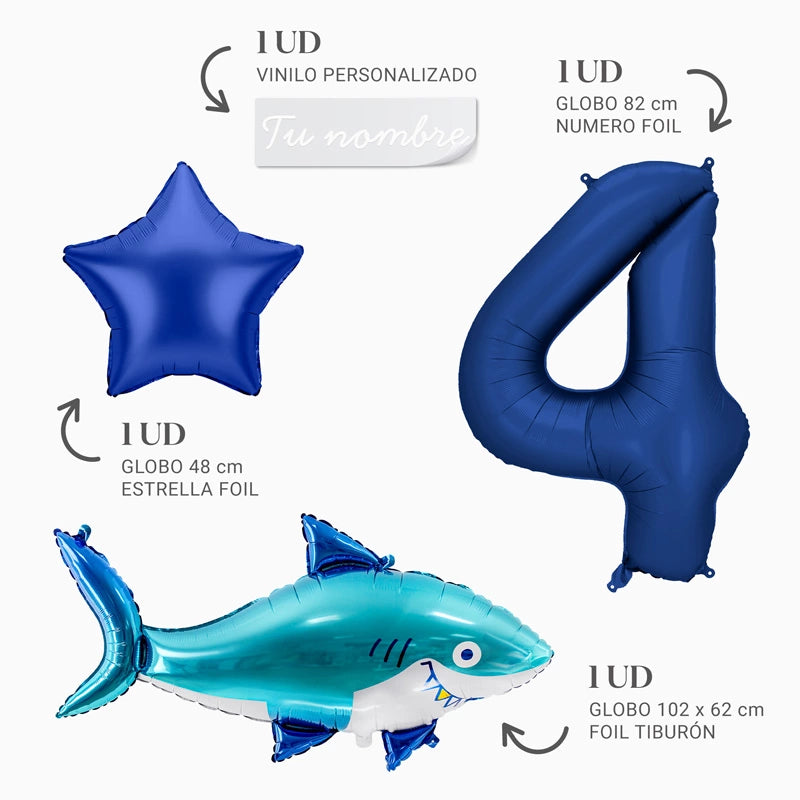 Set Globos Foil Tiburón Personalizado Nombre Vinilo Blanco