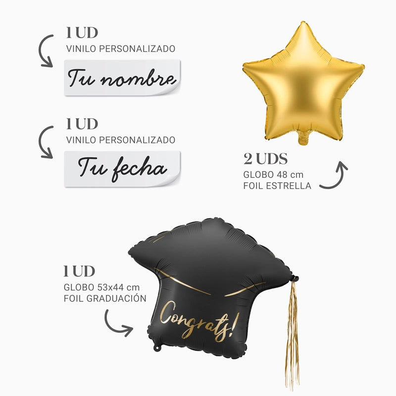 Définir les globes de la remise des diplômes avec du vinyle noir étoile en or personnalisé