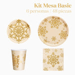 Kit Mesa Basic Navidad 6 Personas Copo de Nieve Oro Glitter 48 piezas