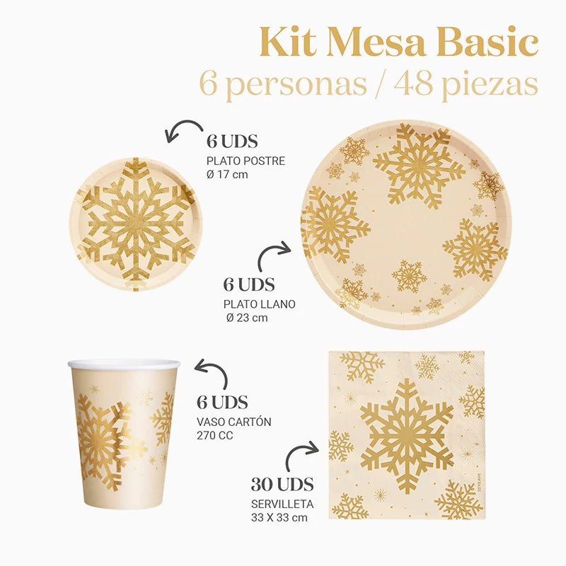 Kit Mesa Basic Navidad 6 Personas Copo de Nieve Oro Glitter 48 piezas