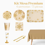 Kit Mesa Premium Navidad 6 Personas Copo de Nieve Oro Glitter 71 piezas