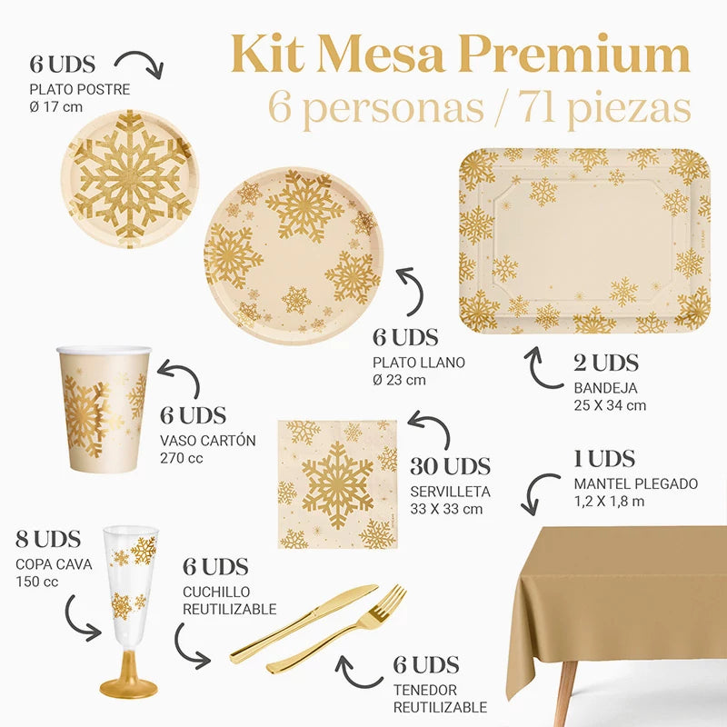 Kit Mesa Premium Navidad 6 Personas Copo de Nieve Oro Glitter 71 piezas