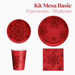 Kit Mesa Basic Navidad 6 Personas Copo de Nieve Rojo Glitter 48 piezas