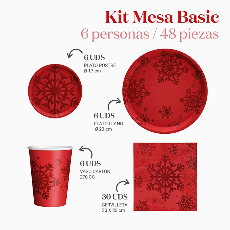 Kit Mesa Basic Navidad 6 Personas Copo de Nieve Rojo Glitter 48 piezas