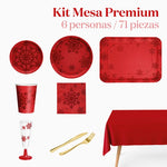 Kit Mesa Premium Navidad 6 Personas Copo de Nieve Rojo Glitter 71 piezas