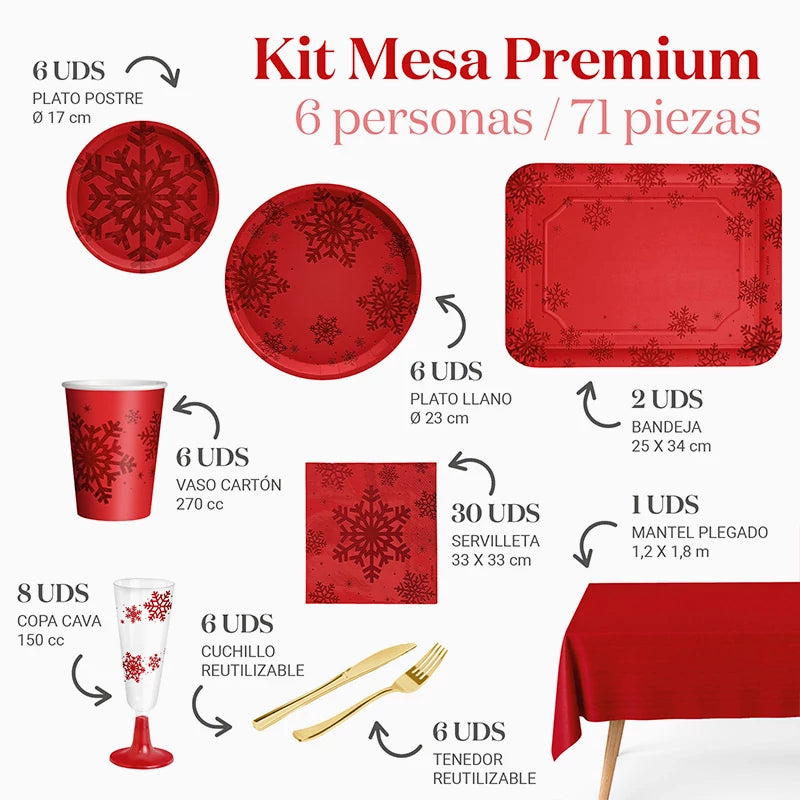 Kit Mesa Premium Navidad 6 Personas Copo de Nieve Rojo Glitter 71 piezas