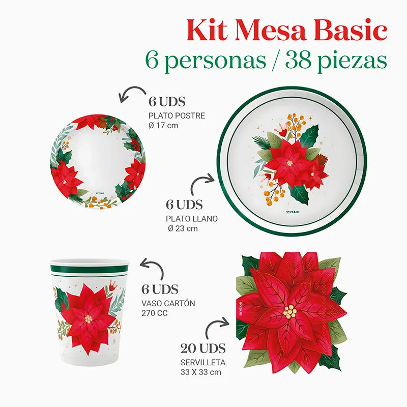 Kit Mesa Basic Navidad 6 Personas Flor de Pascua 48 piezas