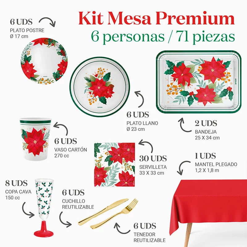 Kit Mesa Premium Navidad 6 Personas Flor de Pascua 71 piezas