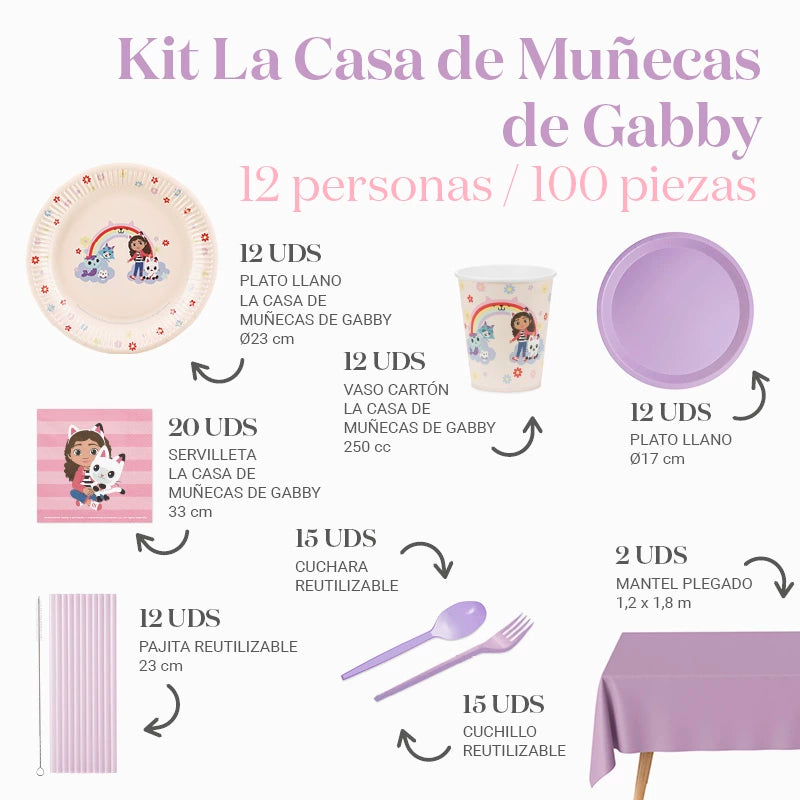 Kit Mesa Premium 12 Pessoas Gabby's Dollhouse 100 peças