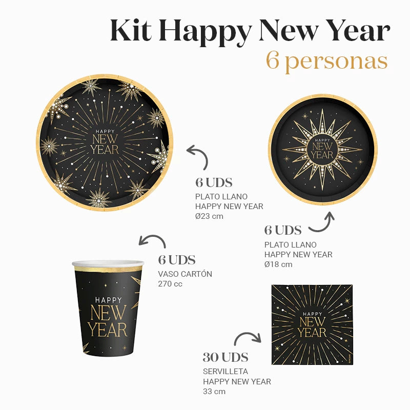Kit Mesa Basic Nochevieja 6 Personas Happy New Year 48 piezas