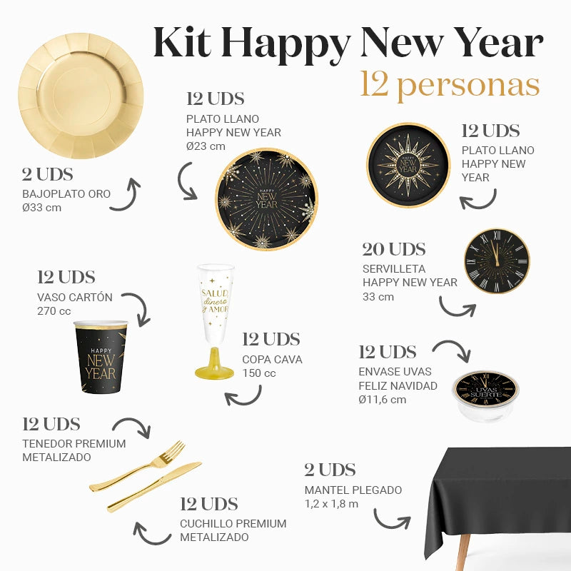 Kit Mesa Premium Nochevieja 12 Personas Happy New Year 108 piezas