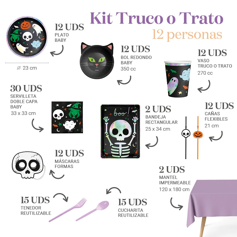 Inspiracion con Kit Mesa Premium Truco o Trato 12 Personas 124 piezas
