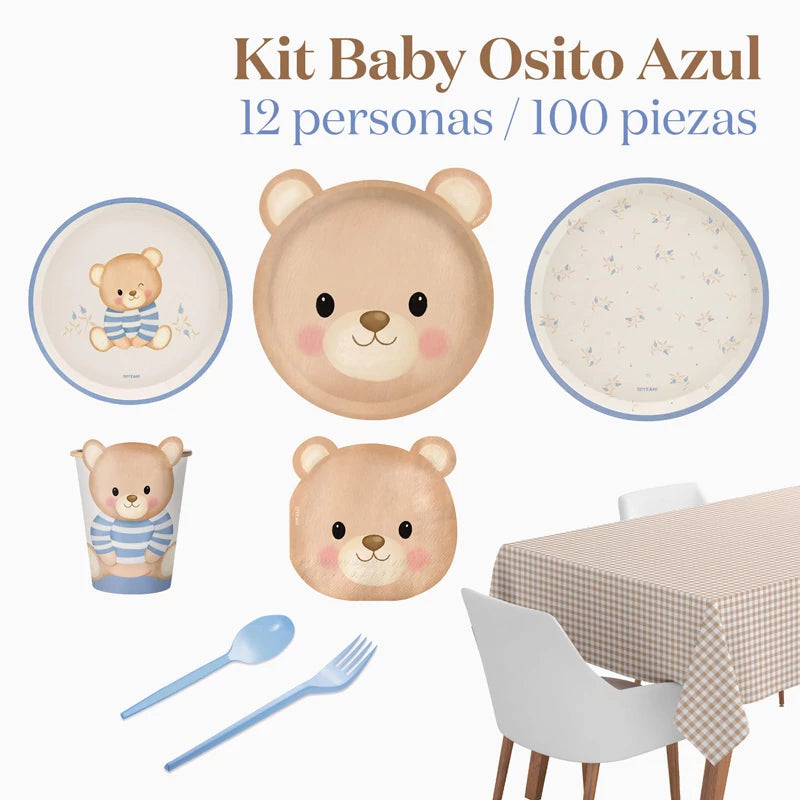 Kit Mesa Premium 12 Personas Baby Osito Azul 100 piezas