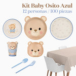 Kit Mesa Premium 12 Personas Baby Osito Azul 100 piezas