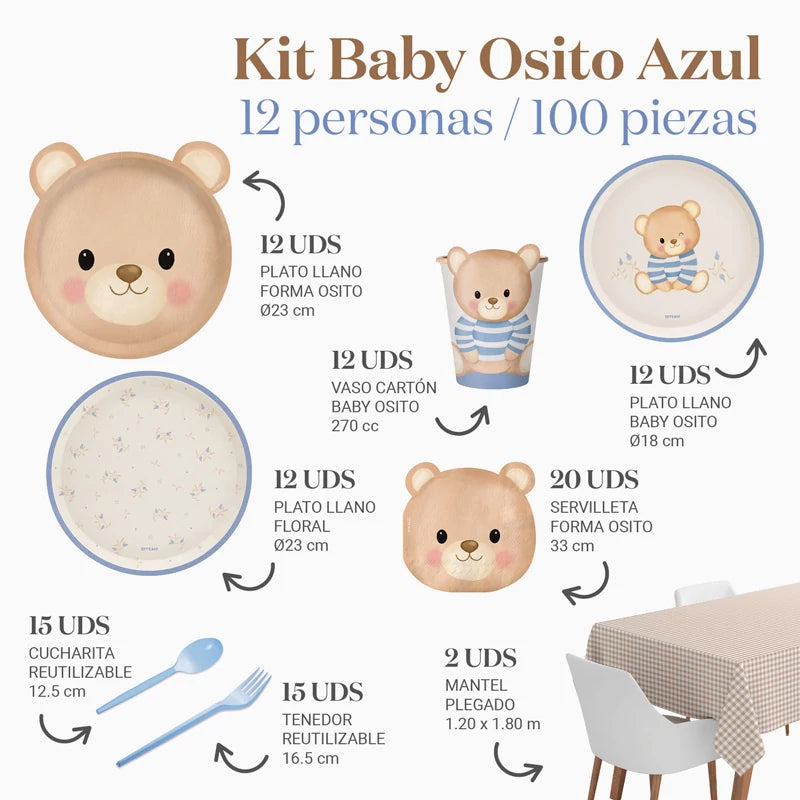 Kit Mesa Premium 12 Personas Baby Osito Azul 100 piezas