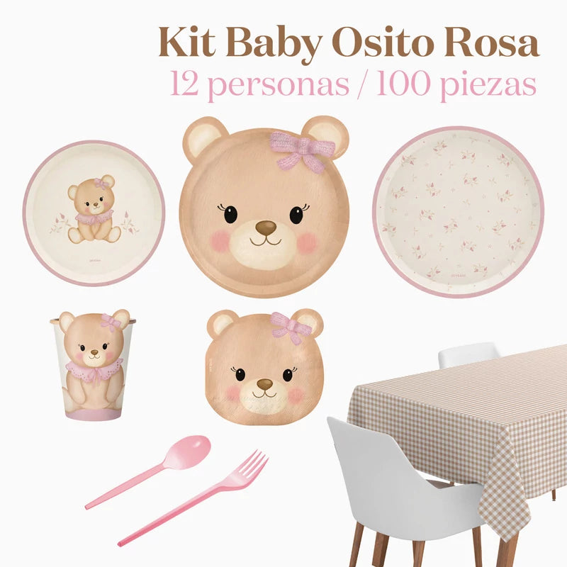 Kit Mesa Premium 12 Personas Baby Osito Rosa 100 piezas
