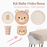 Kit Mesa Premium 12 Personas Baby Osito Rosa 100 piezas