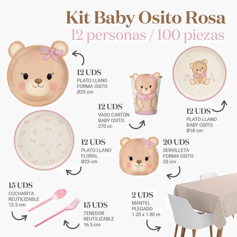 Kit Mesa Premium 12 Personas Baby Osito Rosa 100 piezas