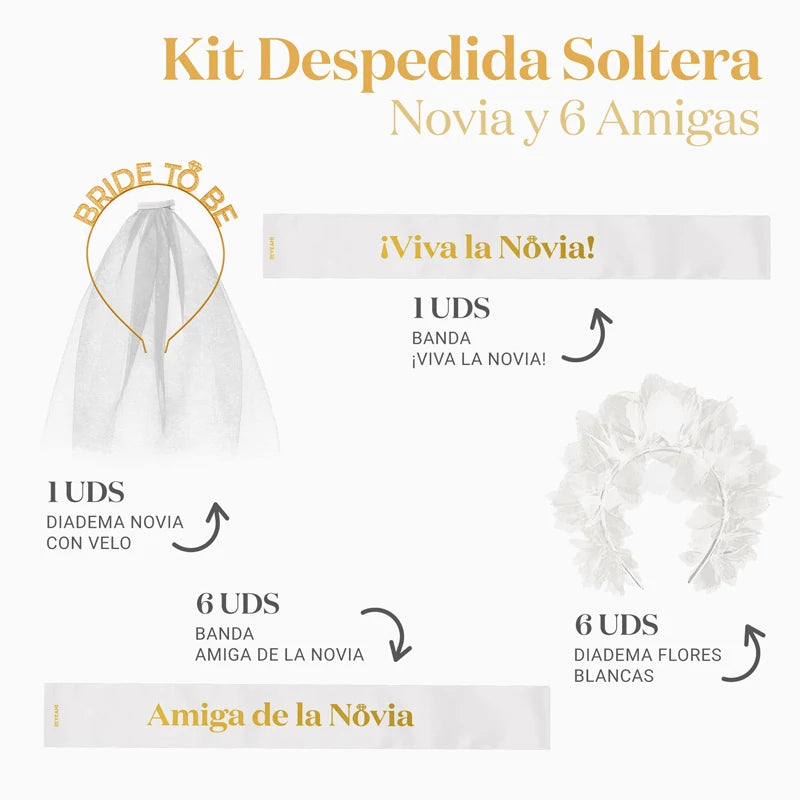 Kit Banda Despedida Soltera Novia y 6 Amigas Blanco