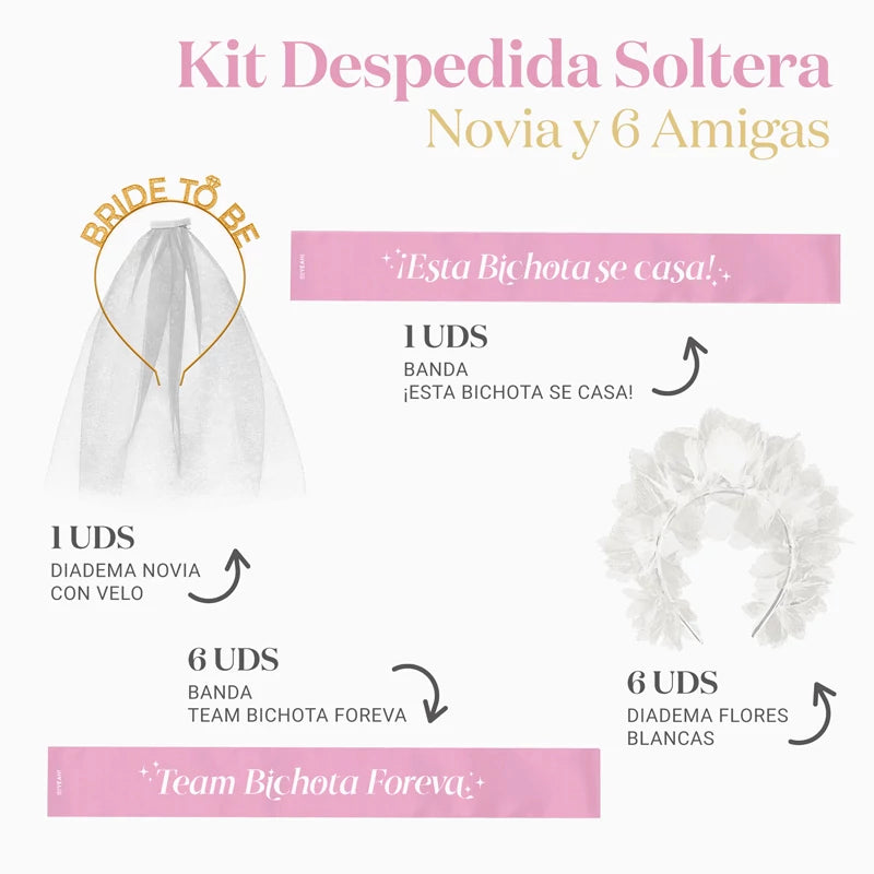 Kit Banda Despedida Soltera Novia y 6 Amigas Rosa