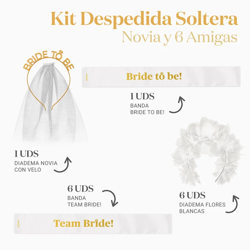 Inspiracion con Kit Banda Despedida Soltera Bride y 6 Team Bride Blanco