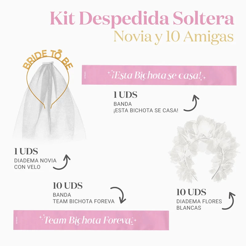 Kit Banda Despedida Soltera Novia y 10 Amigas Rosa