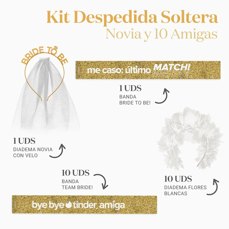 Kit Banda Despedida Soltera Novia y 10 Amigas Oro