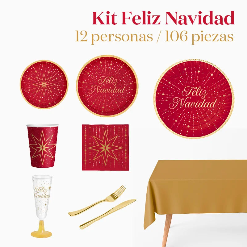 Kit Mesa Premium Navidad 12 Personas Feliz Navidad 106 piezas