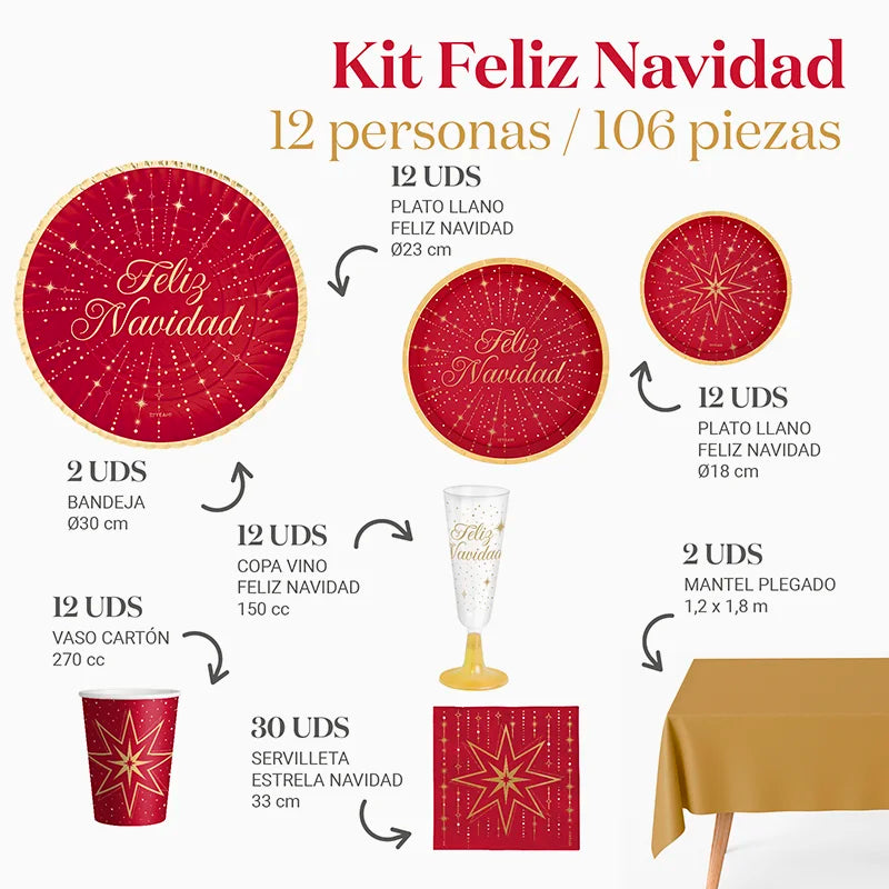 Kit Mesa Premium Navidad 12 Personas Feliz Navidad 106 piezas