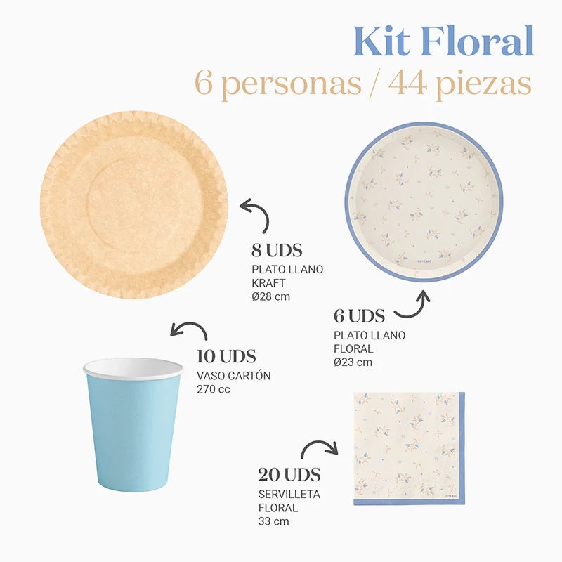 Kit Mesa Basic 6 Personas Floral Azul 44 piezas