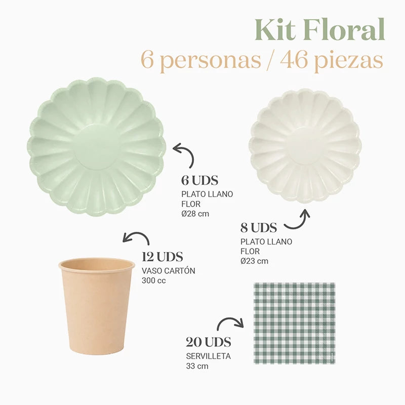 Kit Mesa Basic 6 Personas Floral Verde Menta 46 piezas